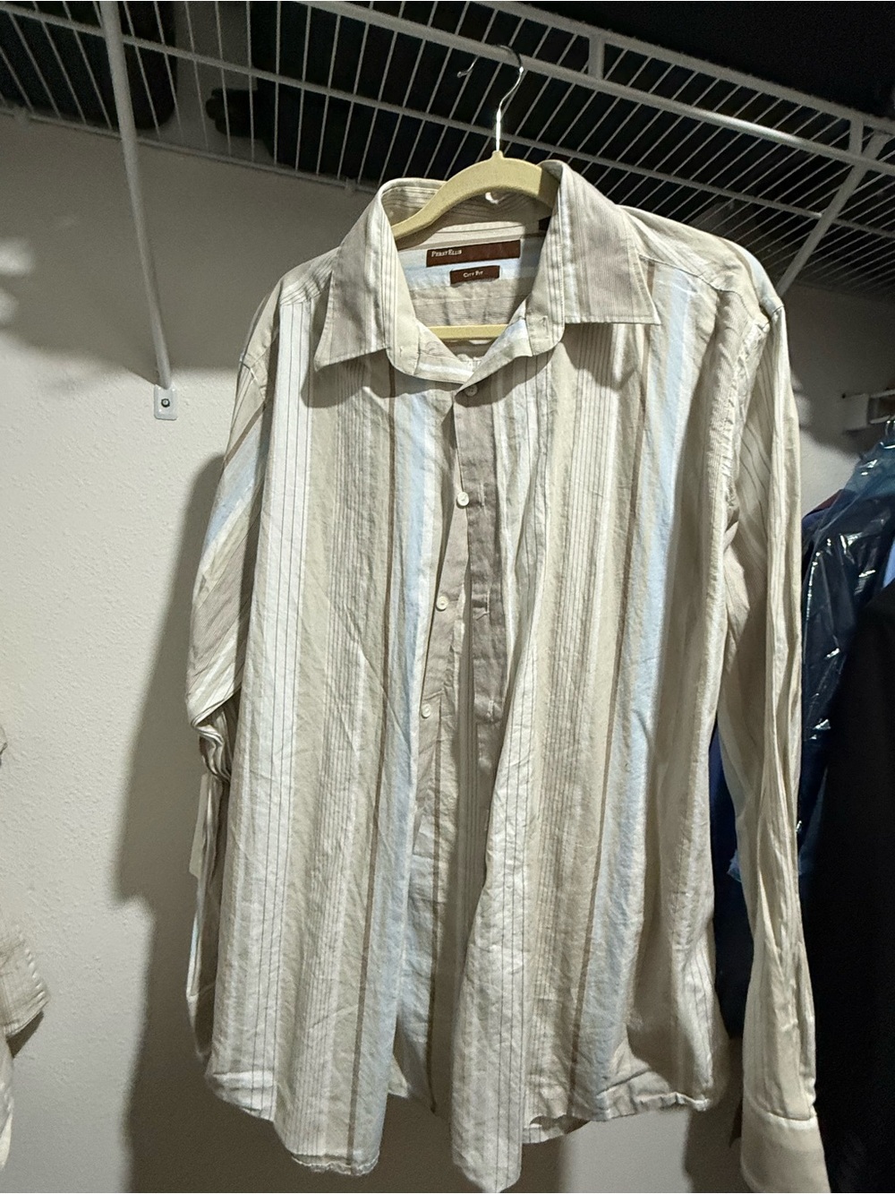 Perry Ellis Men’s Beige and Light Blue Striped Dress Shirt